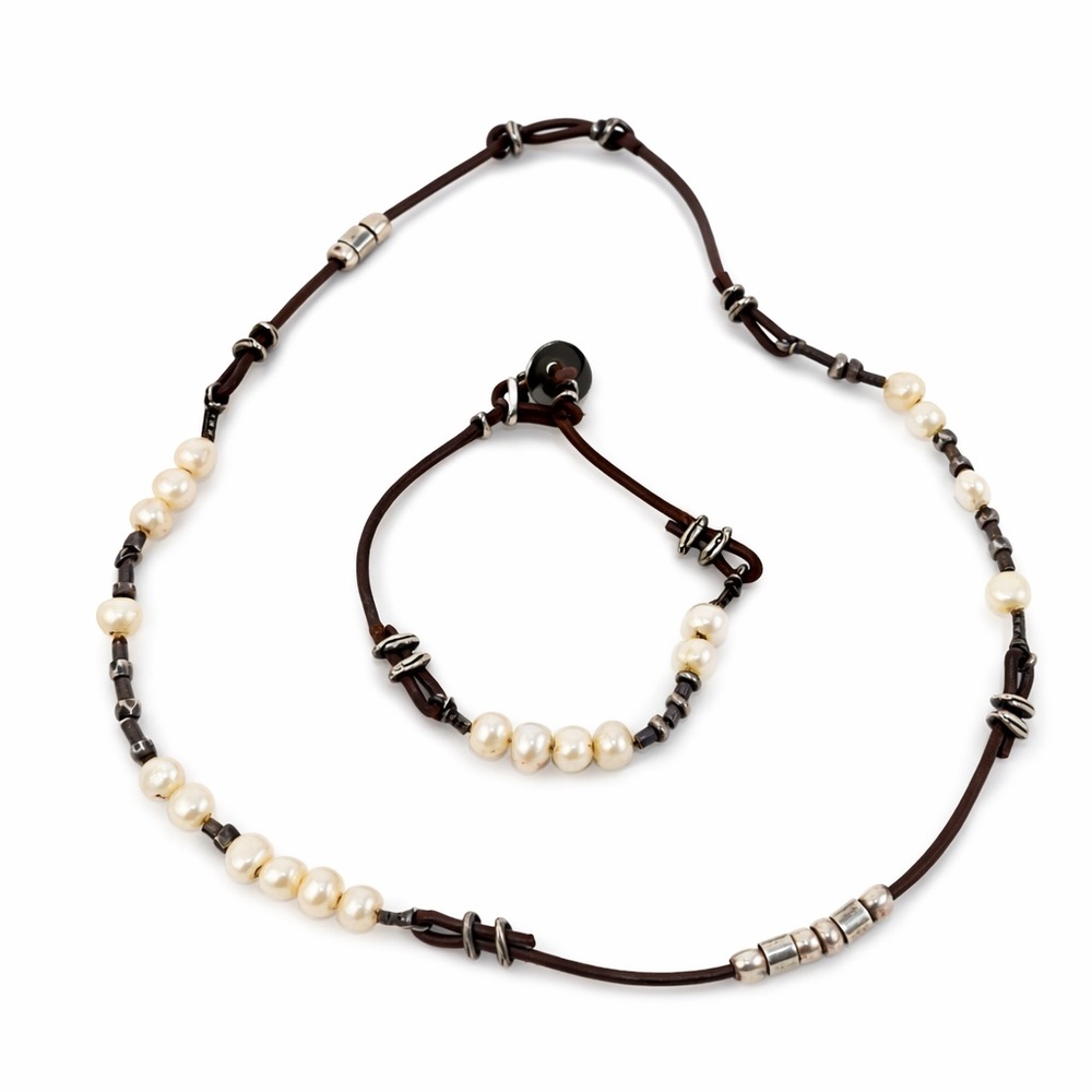 Retired Signed Silpada 925 Sterling Freshwater Pearl Leather Necklace + Bracelet - Picture 4 of 9